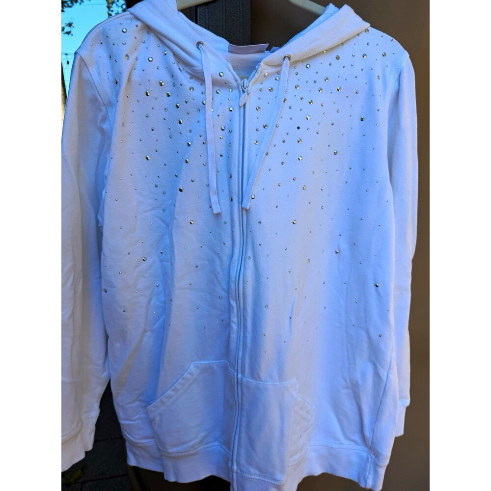 Quacker Factory Women’s Large White Rhinestone Zip Front Hoodie Jacket Sparkle